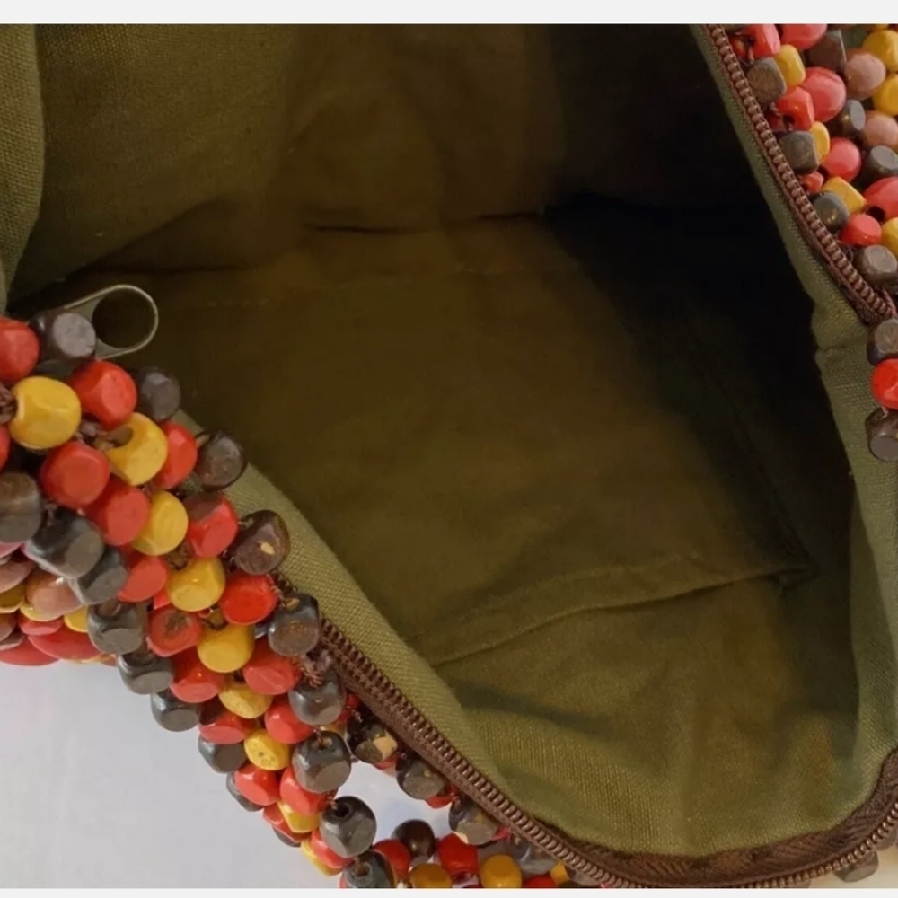 Wooden Bead Purse Satchel Hobo Bag Boho Hippie Bright Colors Red Brown Yellow - Picture 4 of 9